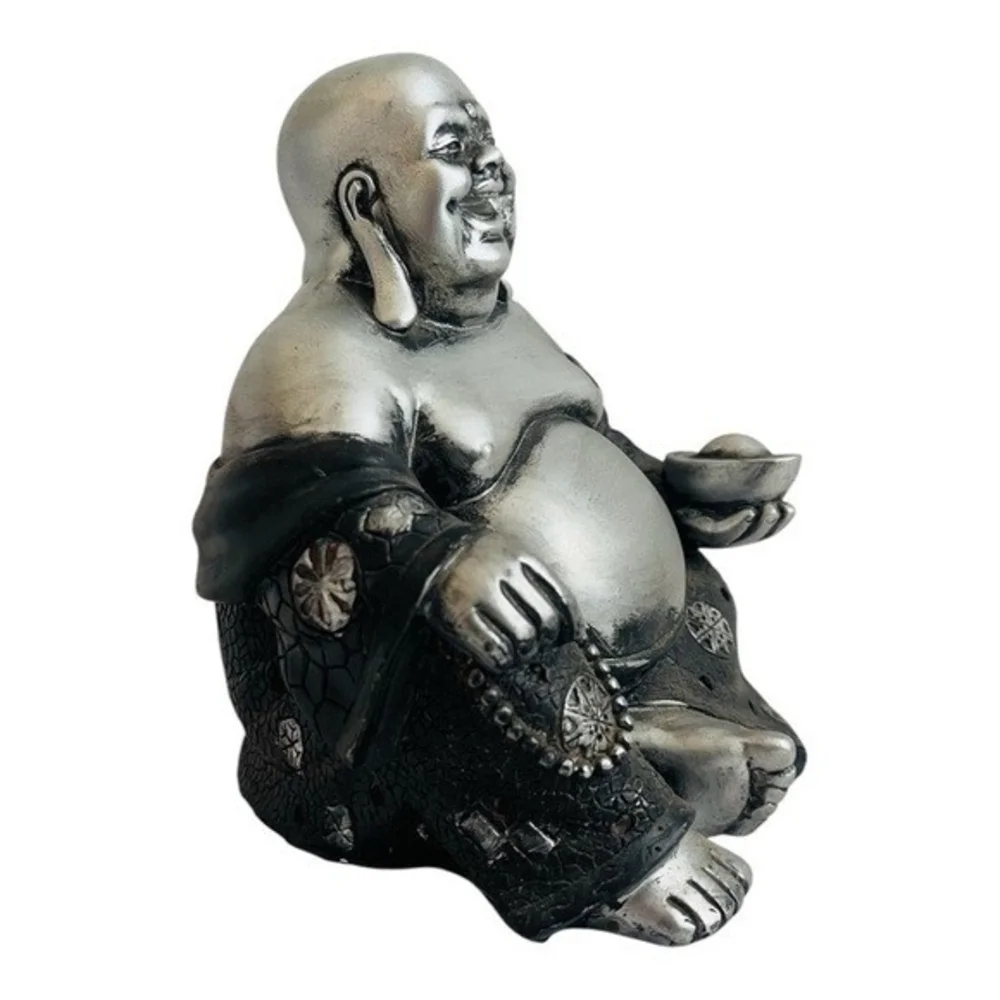 Silver Tone Happy Buddha Statue Sitting 6